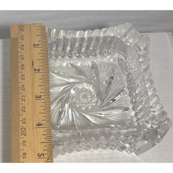 Crystal Ashtray Square Vintage Pinwheel Clear Cut Glass Ribbed & Etched Heavy - Picture 7 of 8